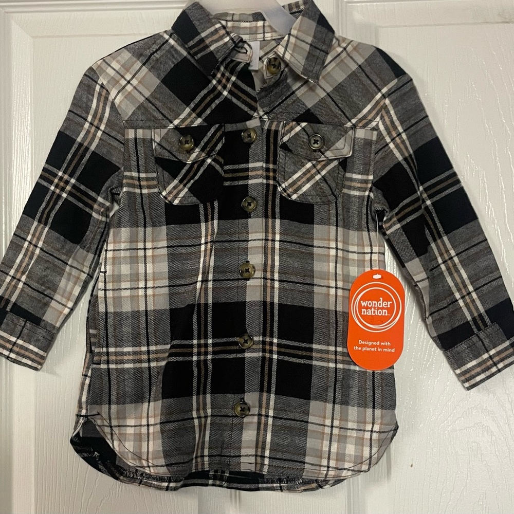 🔴 3/$12 Wonder Nation Kids Black and White Plaid Button Down‎ Shirt! NWT!